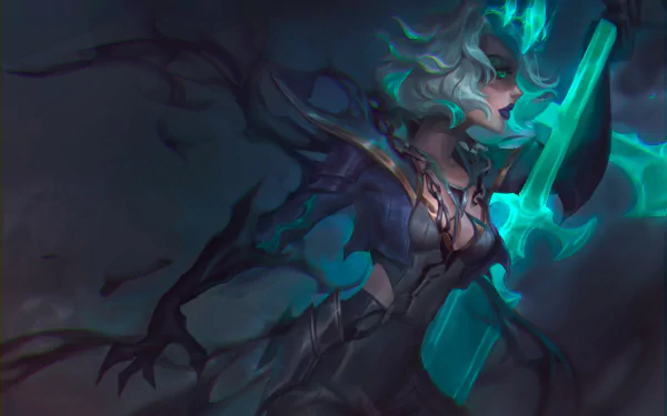 HD PC desktop wallpaper featuring Viego from the video game League of Legends, depicted with glowing teal elements and dark, shadowy tendrils.