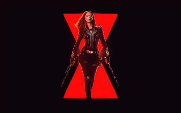 Natasha Romanoff (Black Widow) in a black tactical suit standing before a red hourglass silhouette — 5K Ultra HD movie PC desktop wallpaper.