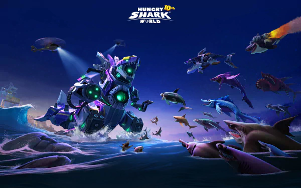 Hungry Shark World video game HD PC desktop wallpaper and background: a giant robotic shark leads diverse sea creatures across a dramatic blue ocean scene.