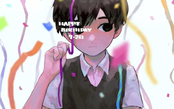 HD PC desktop wallpaper and background featuring Sunny (Omori) from the video game OMORI, holding a ribbon as colorful confetti and Happy Birthday text float around him.