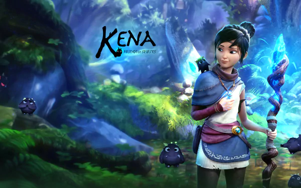 4K Ultra HD PC desktop wallpaper of Kena from the video game Kena: Bridge of Spirits — Kena with a glowing staff in a lush, mystical forest surrounded by small rot companions.