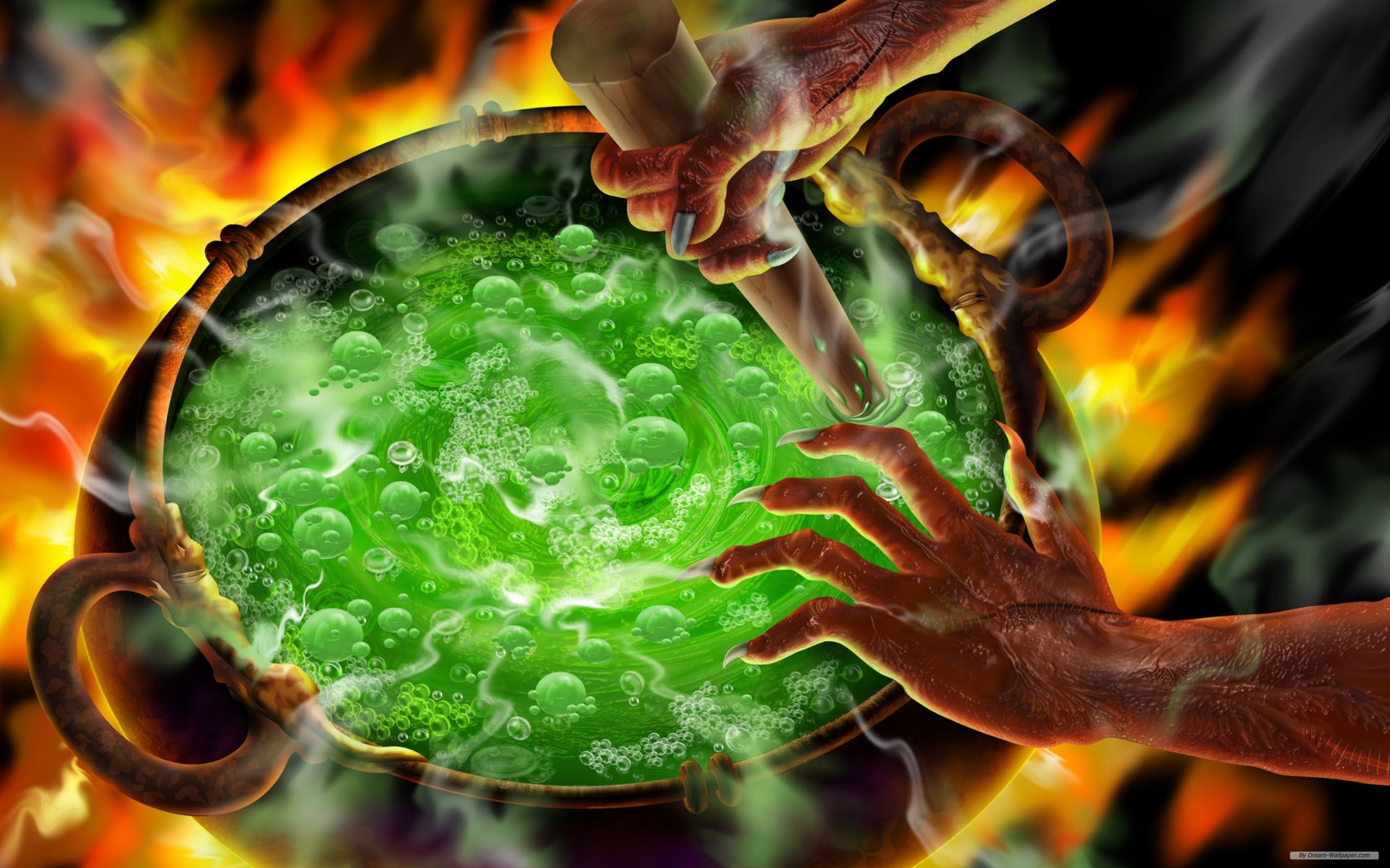 Halloween-themed cauldron filled with a holiday Witch's Brew desktop wallpaper.