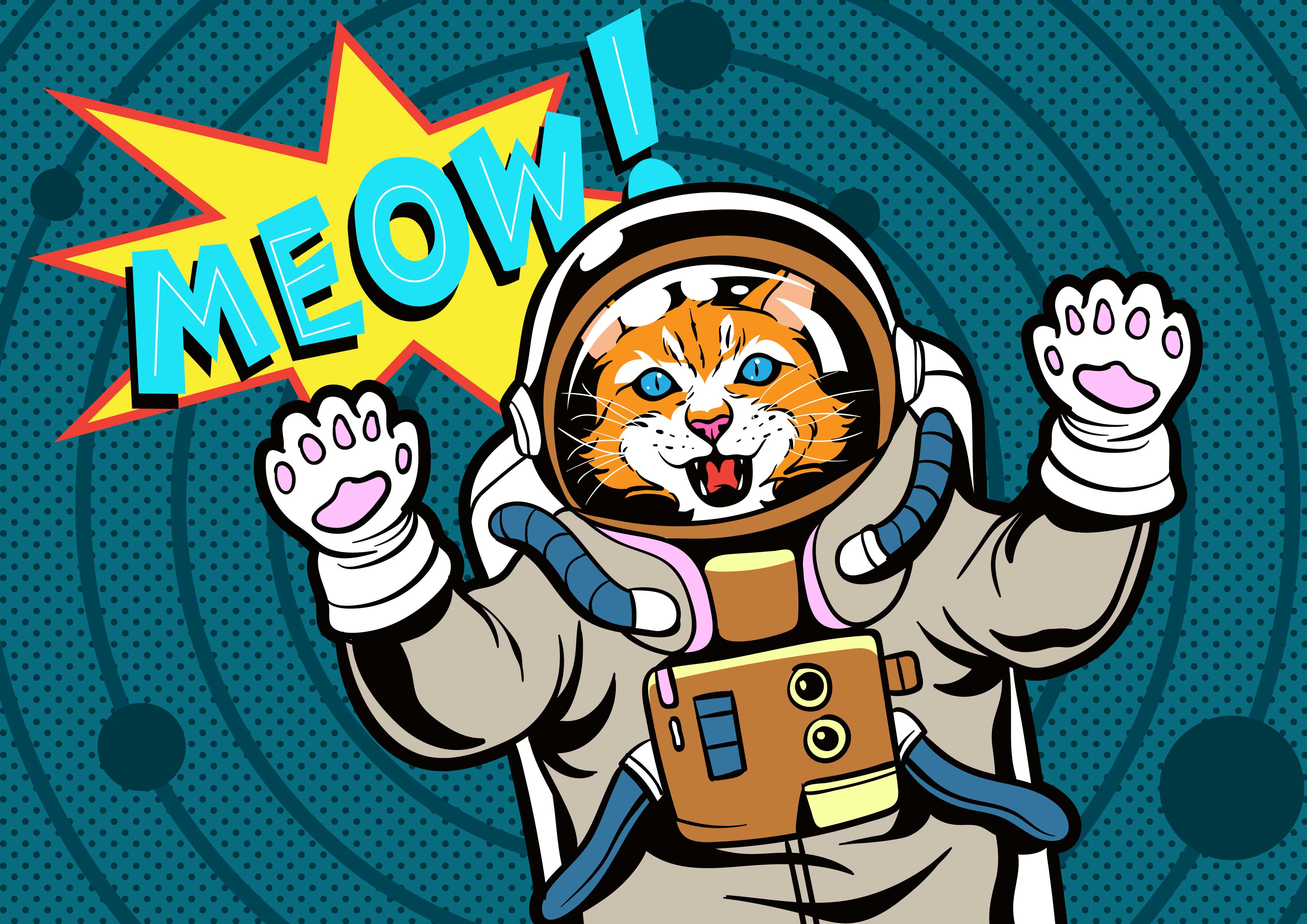 HD desktop wallpaper featuring a pop art style illustration of an astronaut tiger with the word MEOW in a speech bubble.