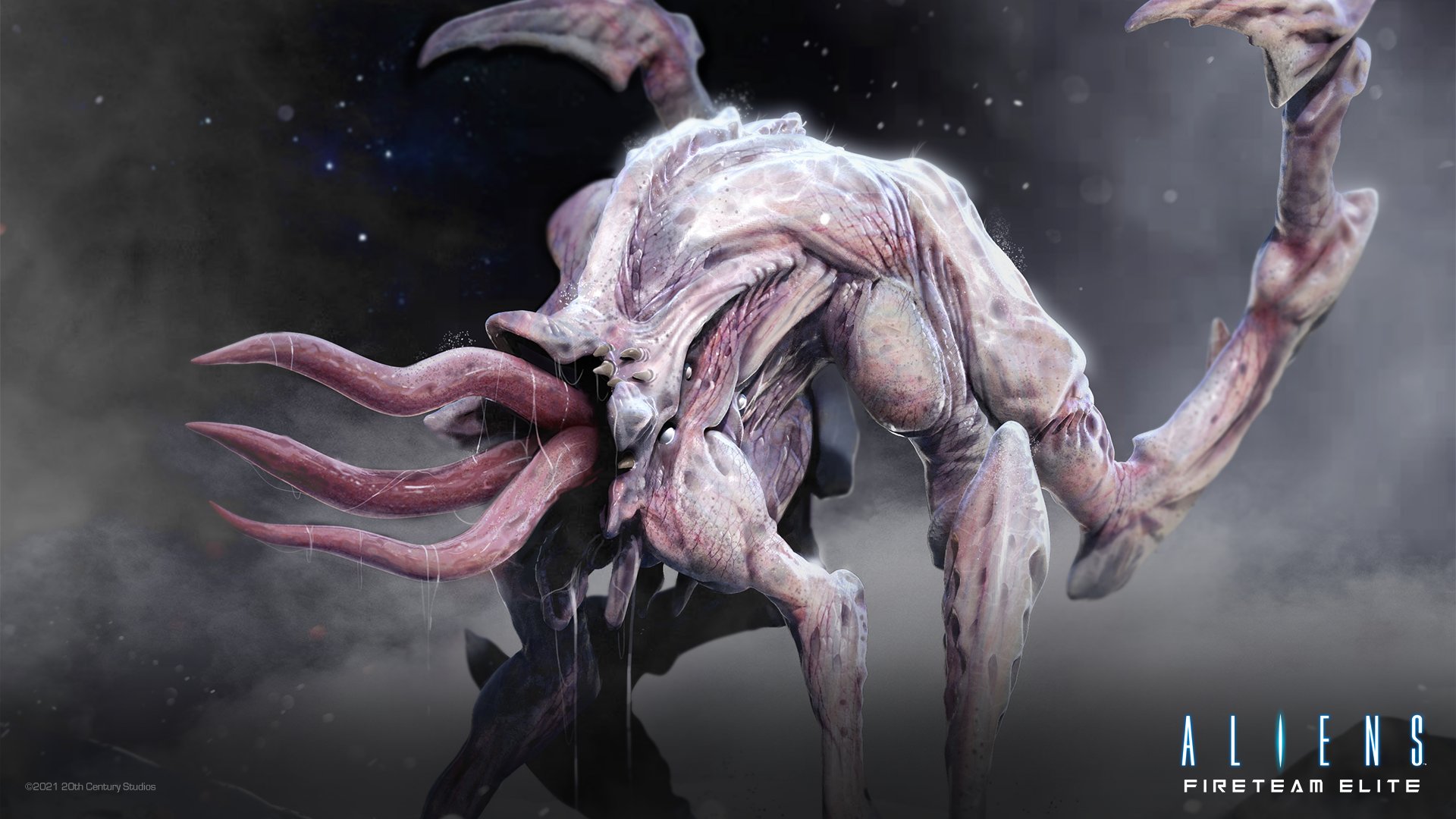 HD desktop wallpaper of Aliens: Fireteam Elite featuring a detailed alien creature against a cosmic backdrop.