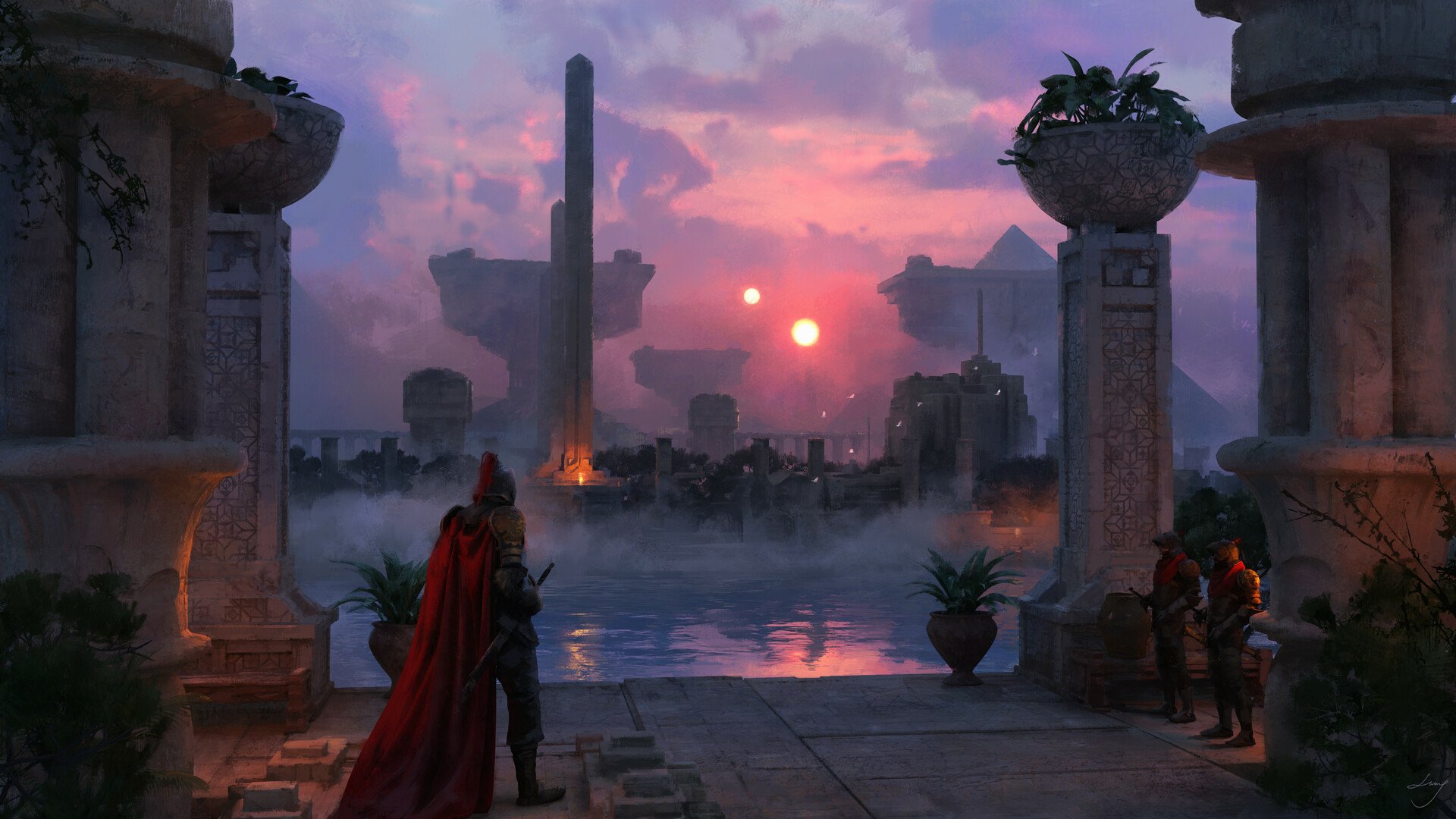 HD PC desktop wallpaper — fantasy landscape: robed figures on a stone terrace gaze over a misty harbor at sunset, with distant spires, fires and floating rock islands.