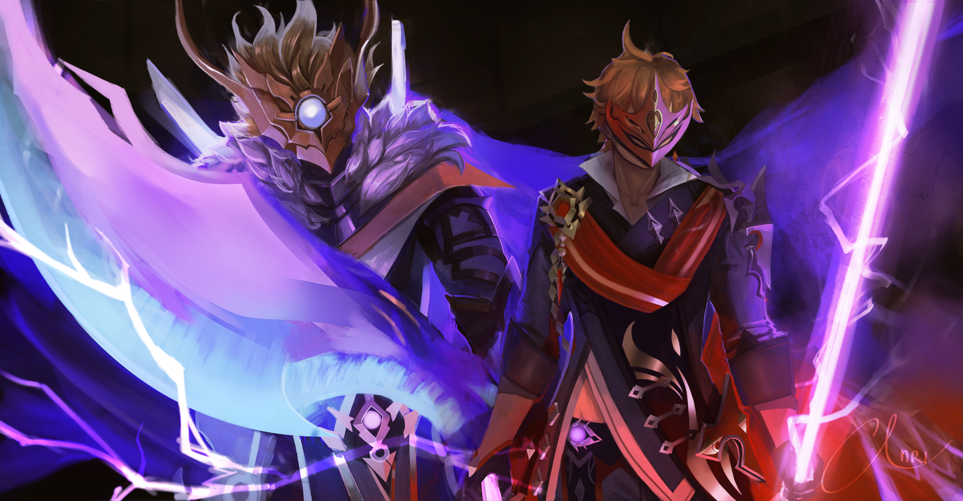 HD PC desktop wallpaper featuring Tartaglia Childe from the video game Genshin Impact, showcasing his character with vivid purple and blue elemental effects.