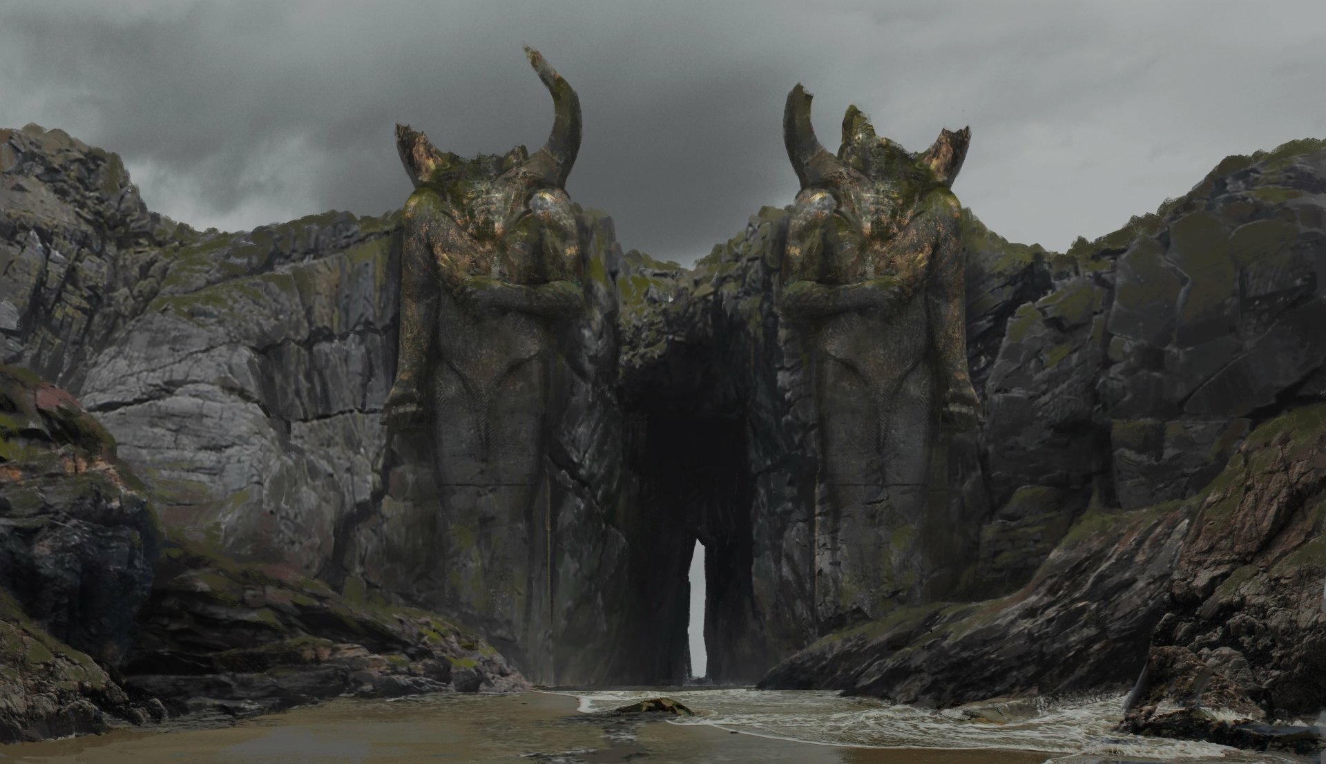 4K Ultra HD PC wallpaper from the video game New World, featuring two massive horned statues guarding a rocky mountain entrance under a cloudy sky.