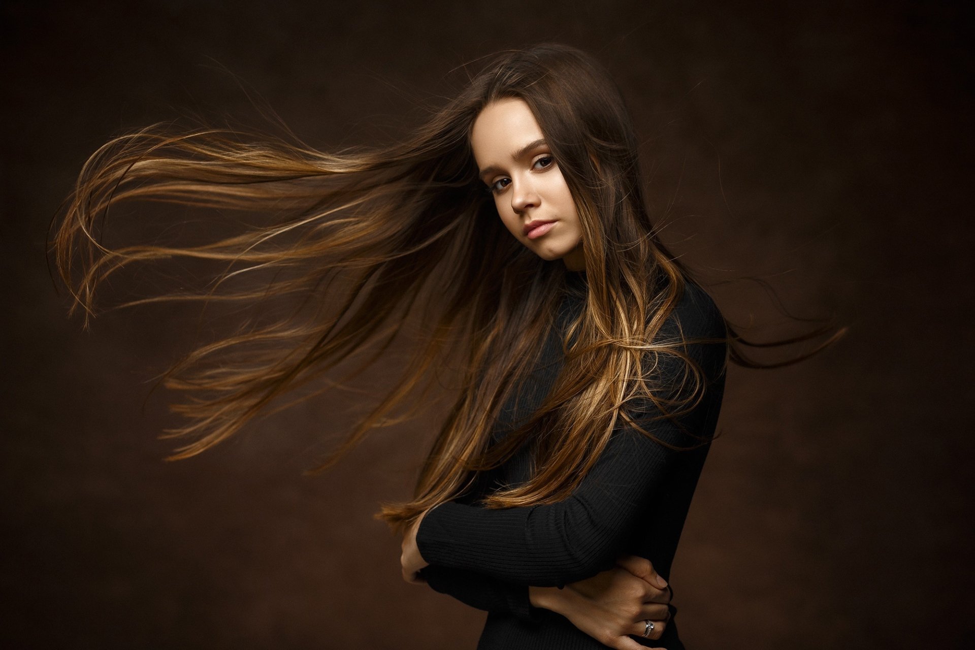 Download Long Hair Brunette Woman Model  HD Wallpaper by Ivan Kovalev