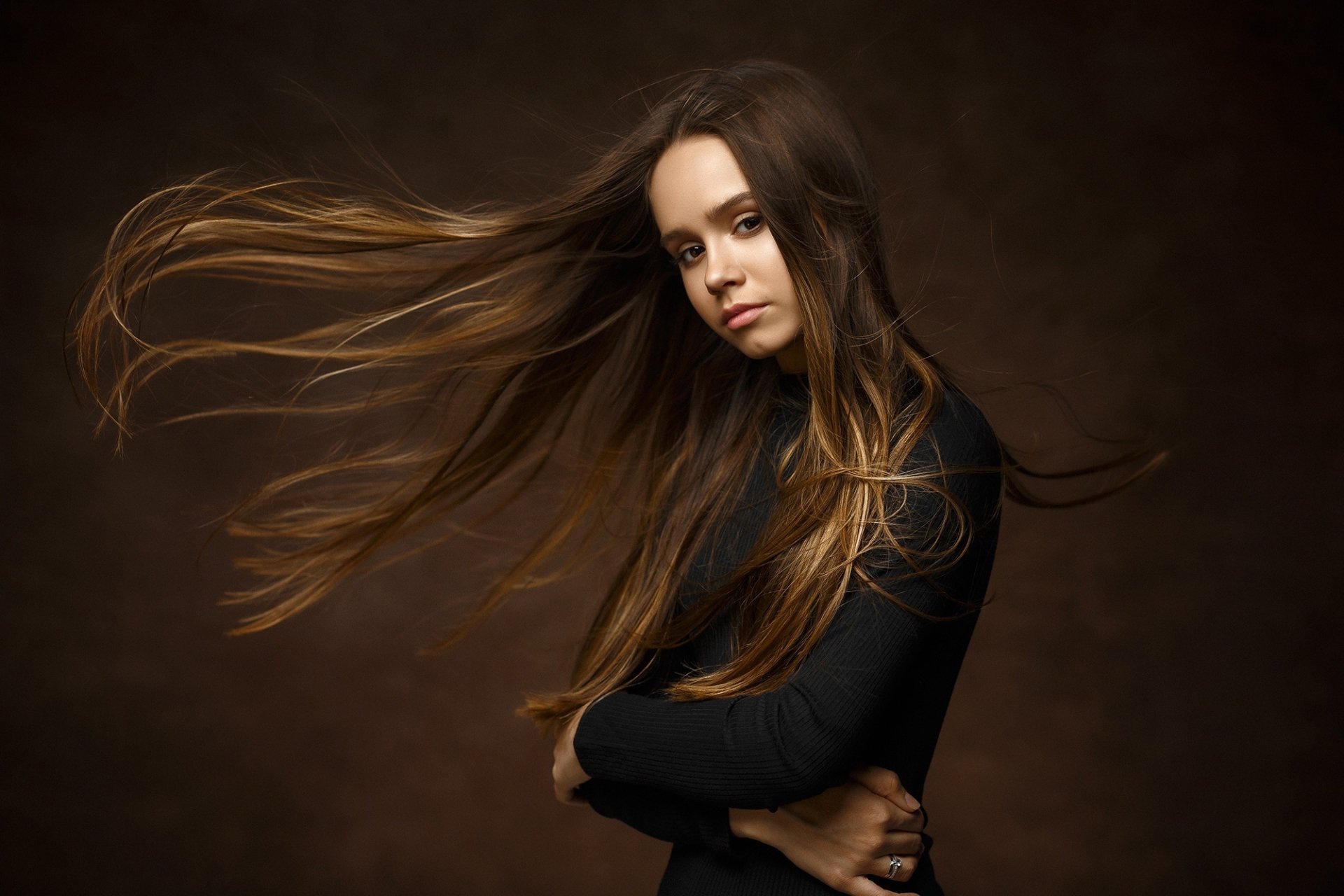 Download Long Hair Brunette Woman Model HD Wallpaper by Ivan Kovalev
