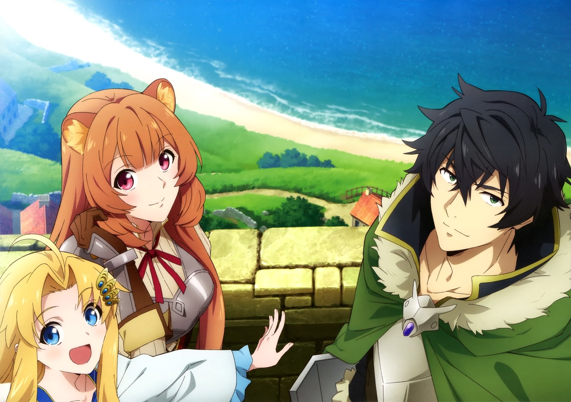 4K Ultra HD anime wallpaper featuring Naofumi Iwatani, Raphtalia, and Filo from The Rising of The Shield Hero with a bright scenic background.