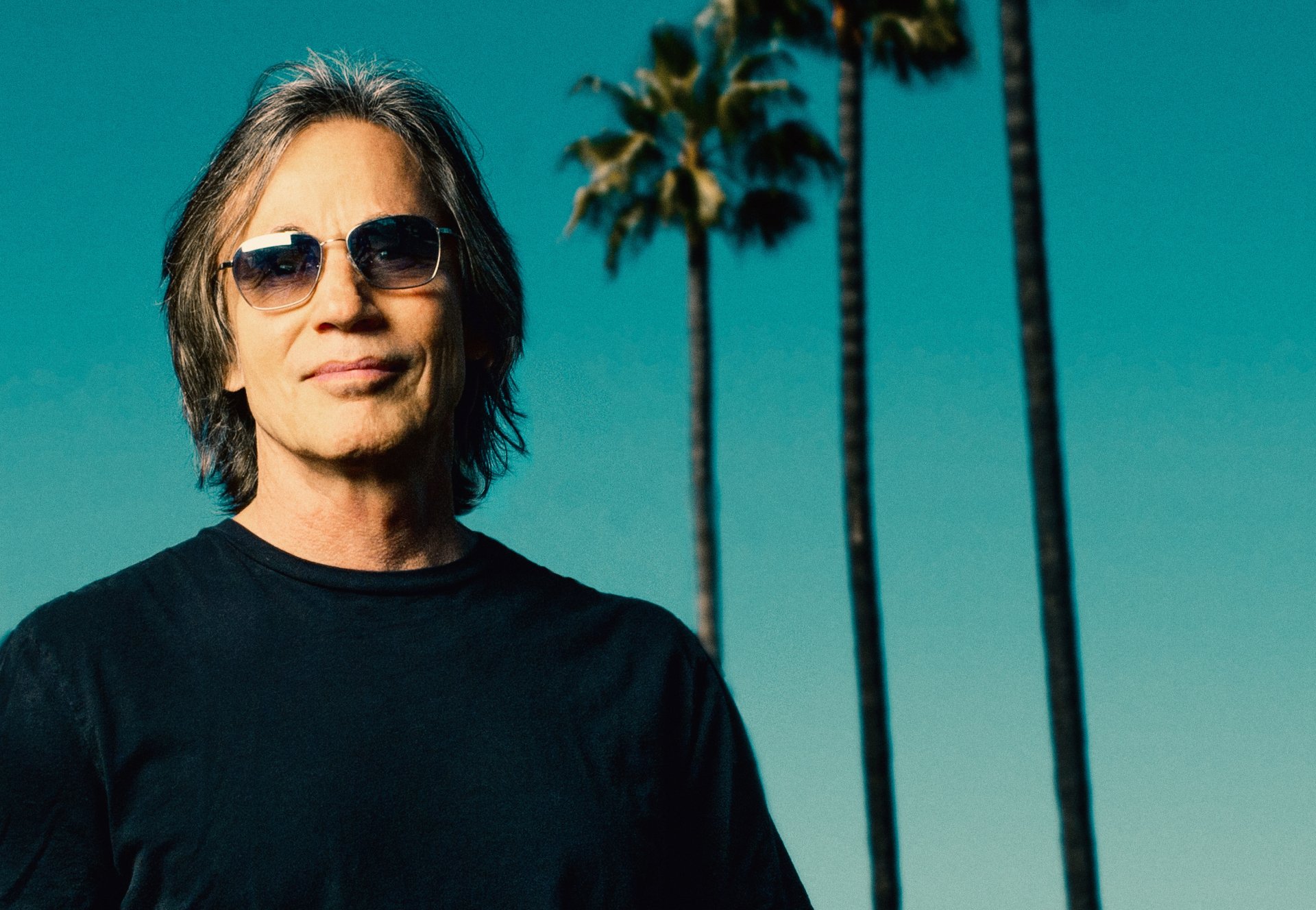 HD desktop wallpaper featuring a person with sunglasses and palm trees in the background.