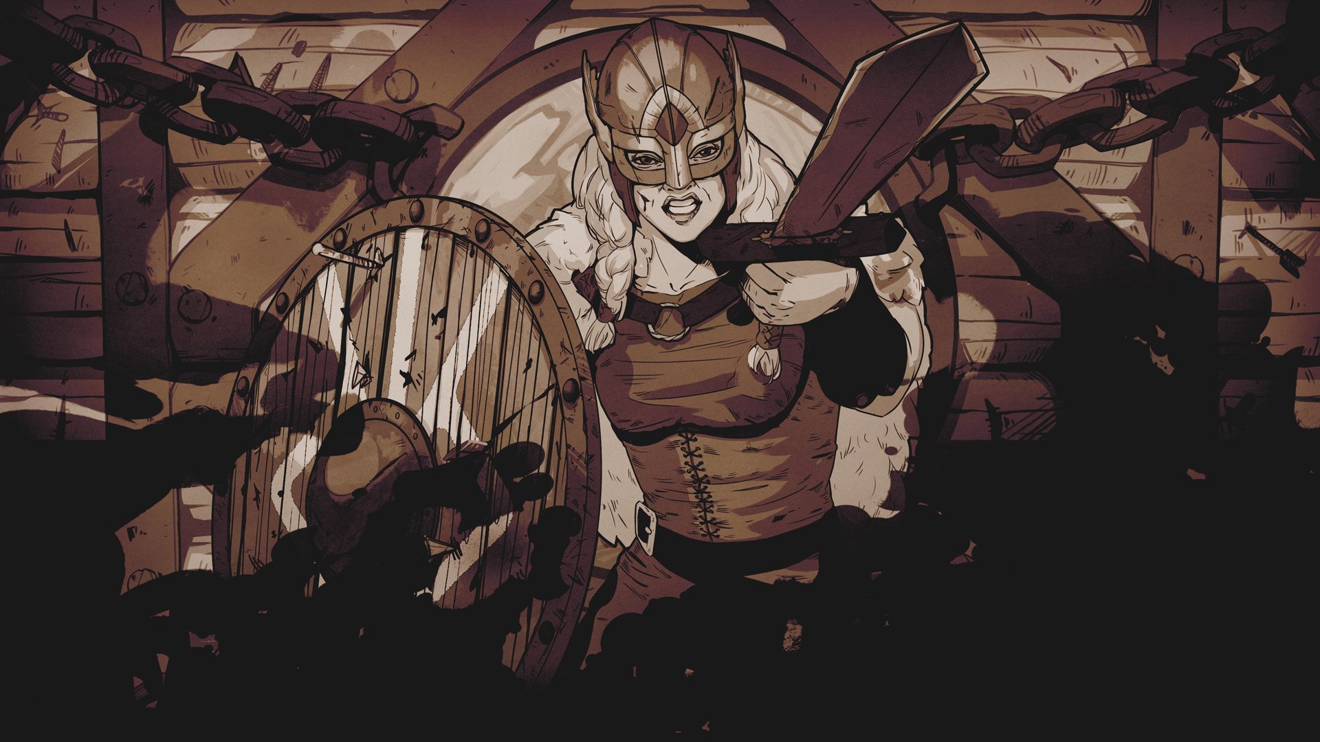 A dynamic HD wallpaper from Tribes of Midgard featuring a fierce warrior wielding a weapon, ready for battle with a shield, set against a backdrop of chains and dark textures.