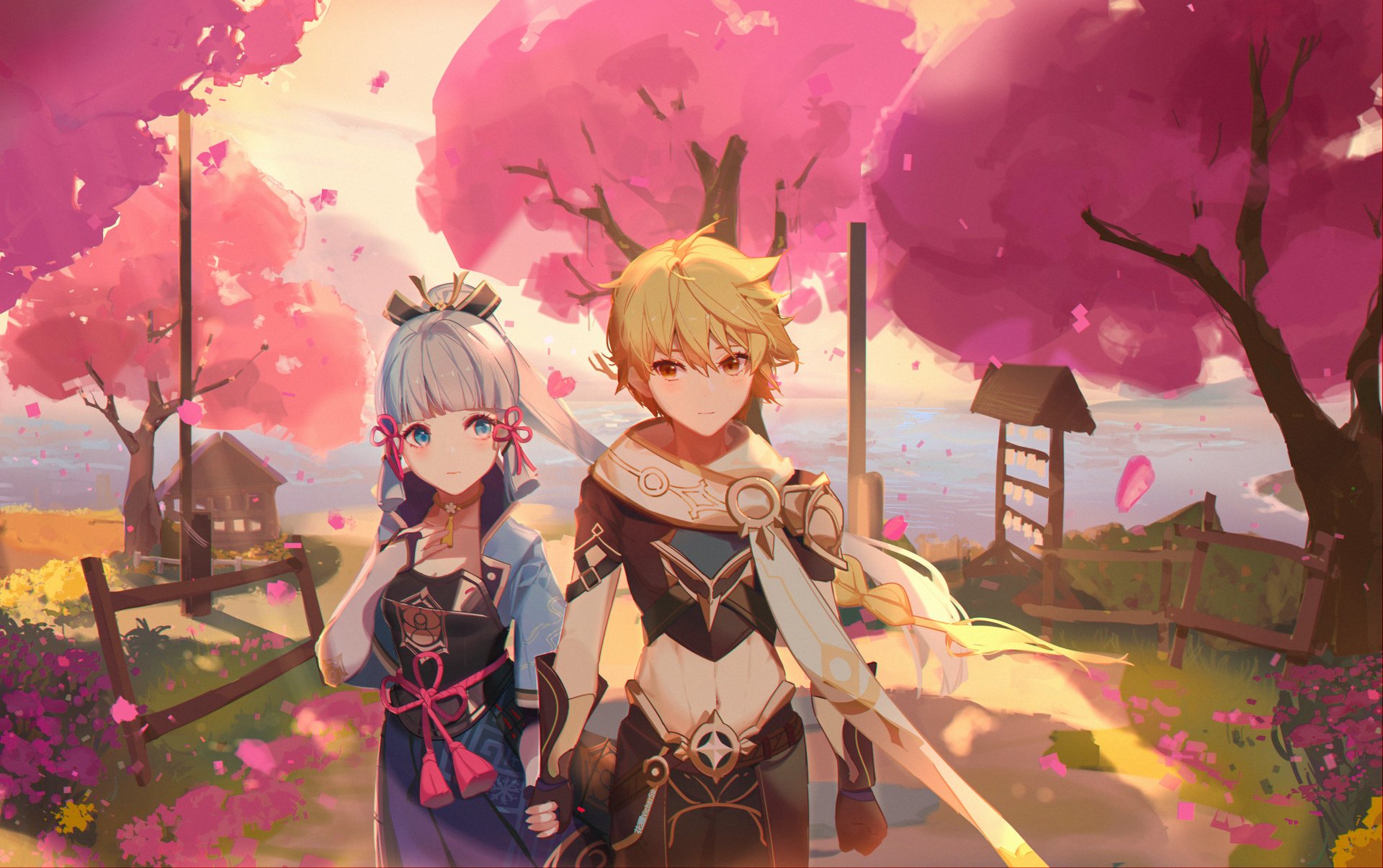 Kamisato Ayaka and Aether from Genshin Impact stand on a sunlit path beneath pink cherry blossoms; 2K Quad HD PC desktop wallpaper with vibrant spring scenery.