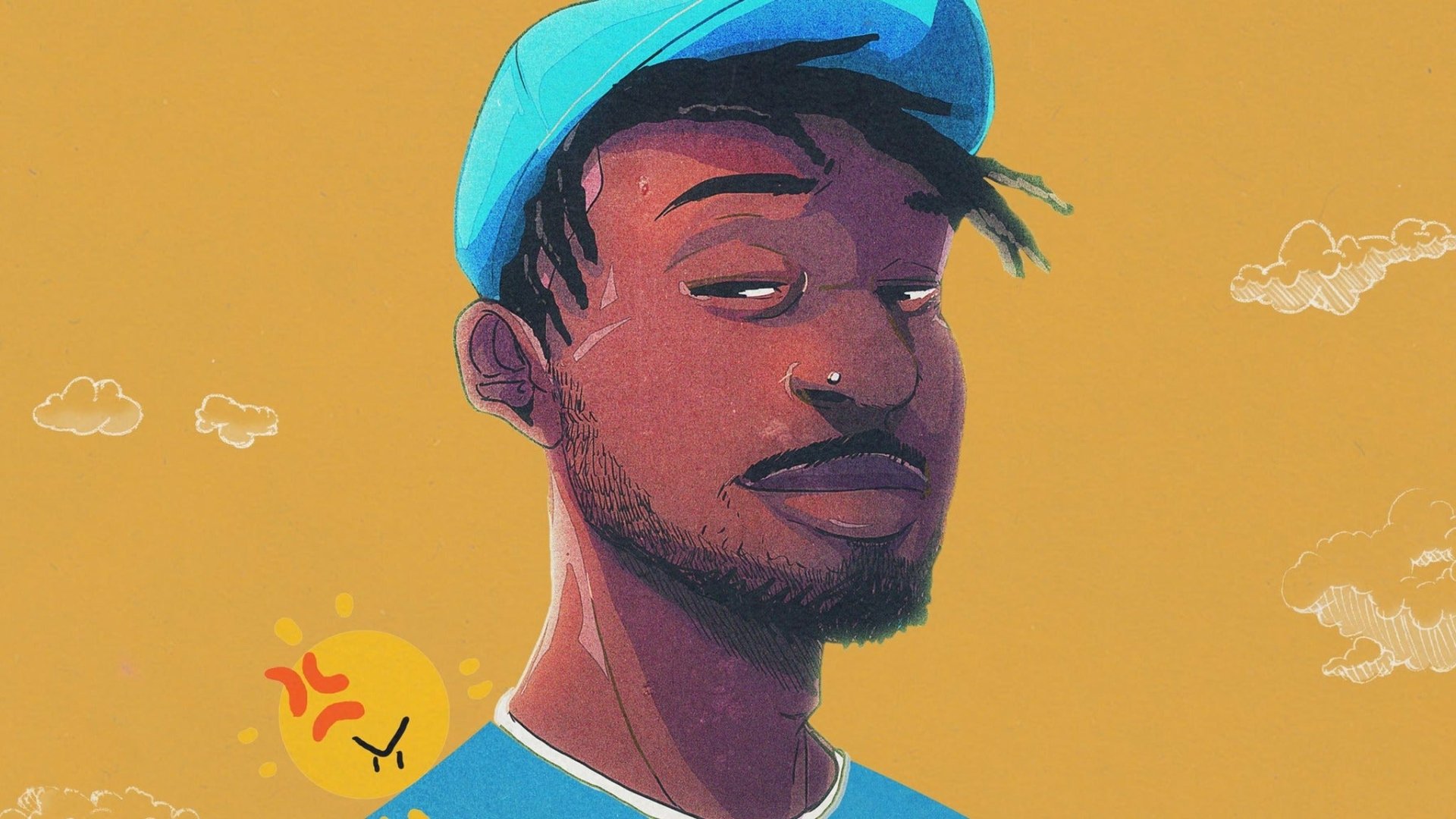 Illustration of a man with a blue hat and a warm background, available for HD desktop wallpaper and background, inspired by the art style associated with Isaiah Rashad.