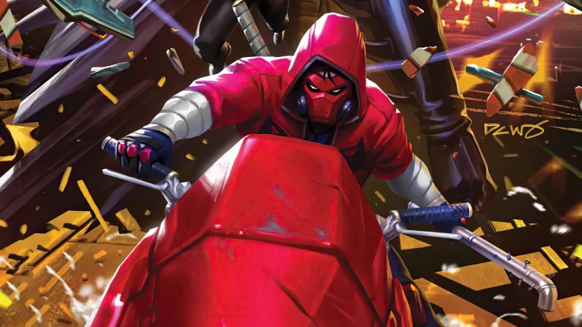 DC Comics comic HD PC desktop wallpaper/background: Red Hood in a crimson hood and mask riding a red motorcycle through explosions and flying debris.