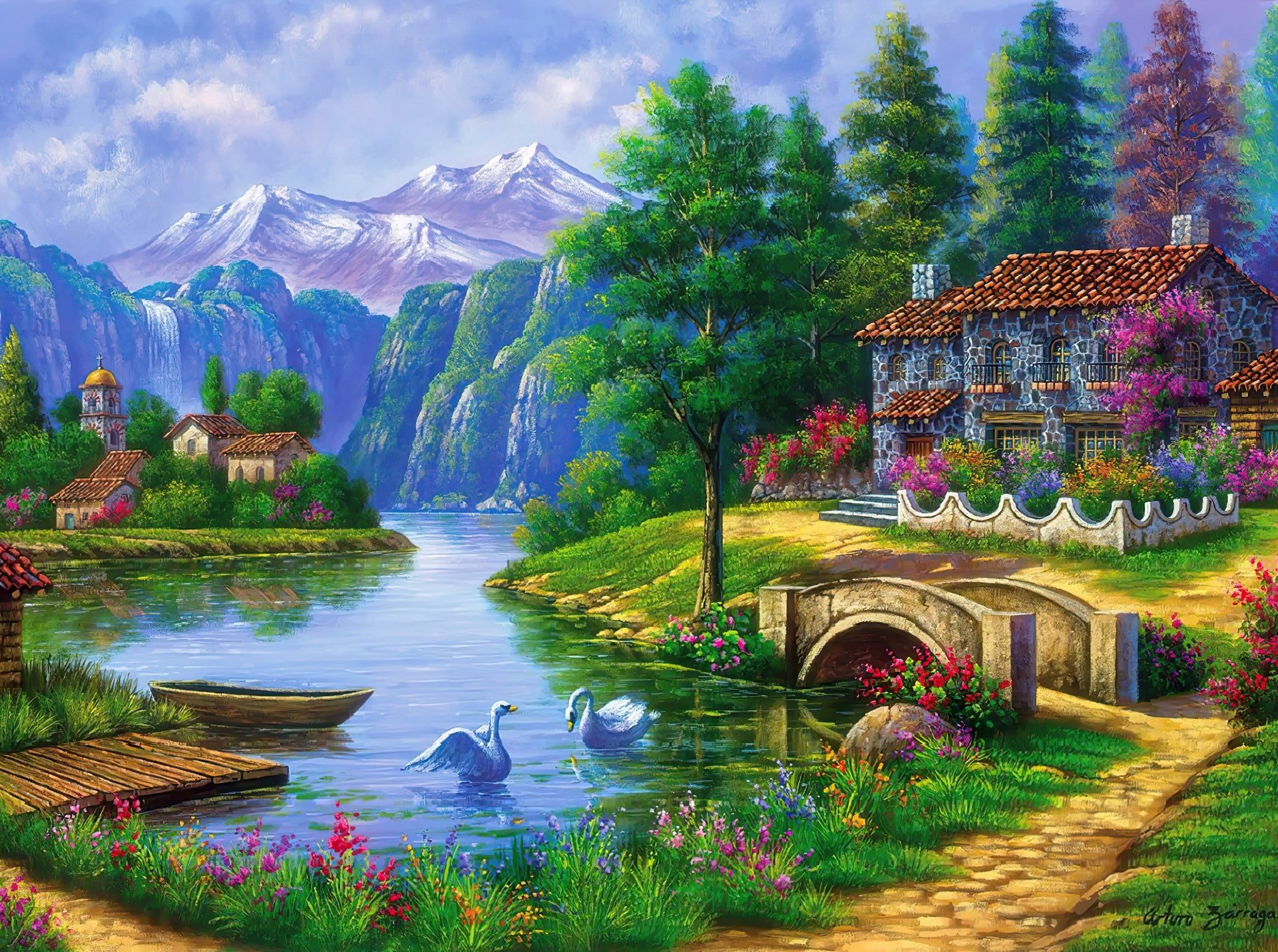 Artistic 4K Ultra HD desktop wallpaper depicting a serene lake scene with swans, a stone bridge, vibrant flowers, lush greenery, and snow-capped mountains in the background.