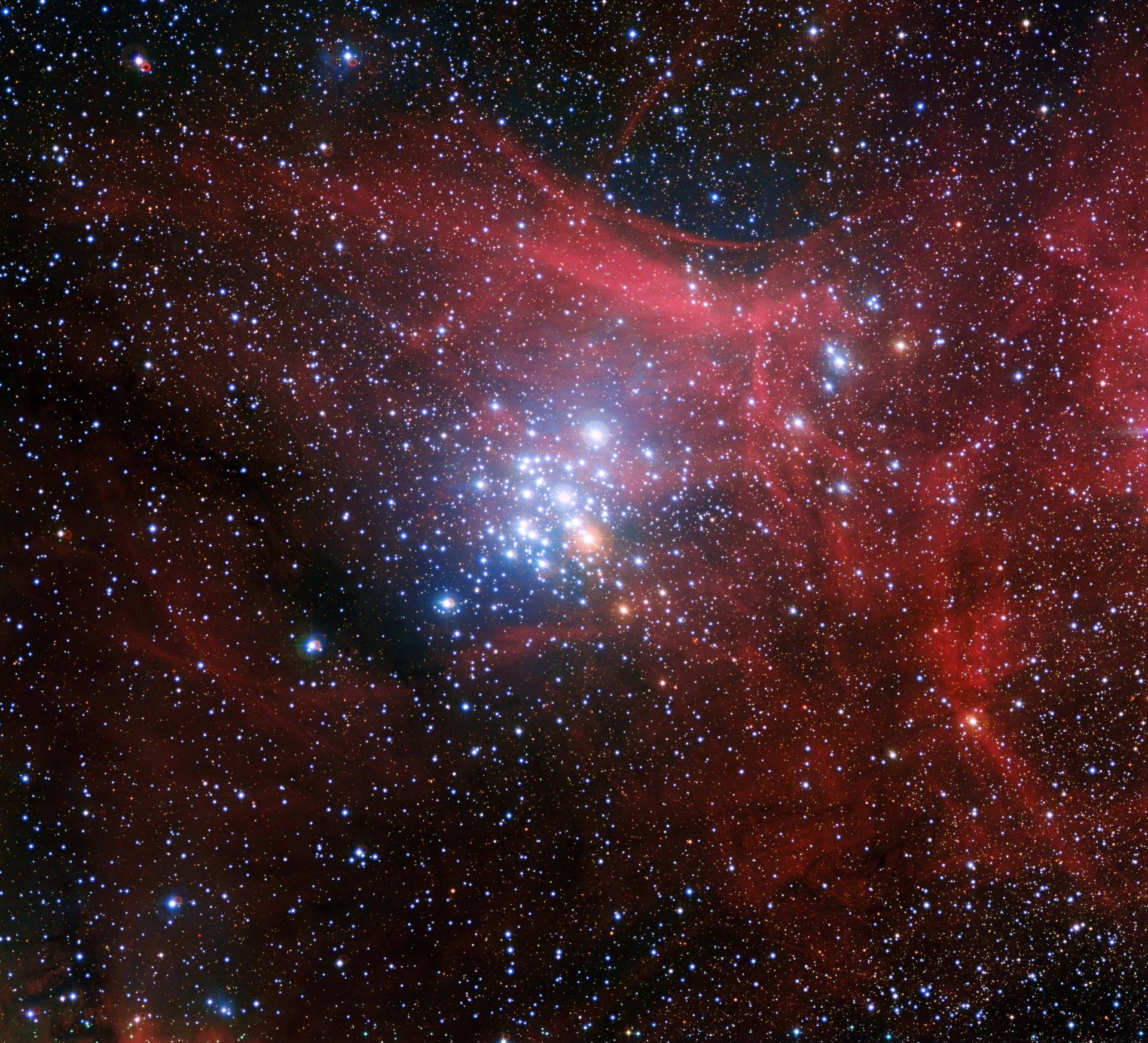 Vivid 8K Ultra HD sci-fi wallpaper showcasing a bright star cluster surrounded by glowing red nebulae against a deep space backdrop.