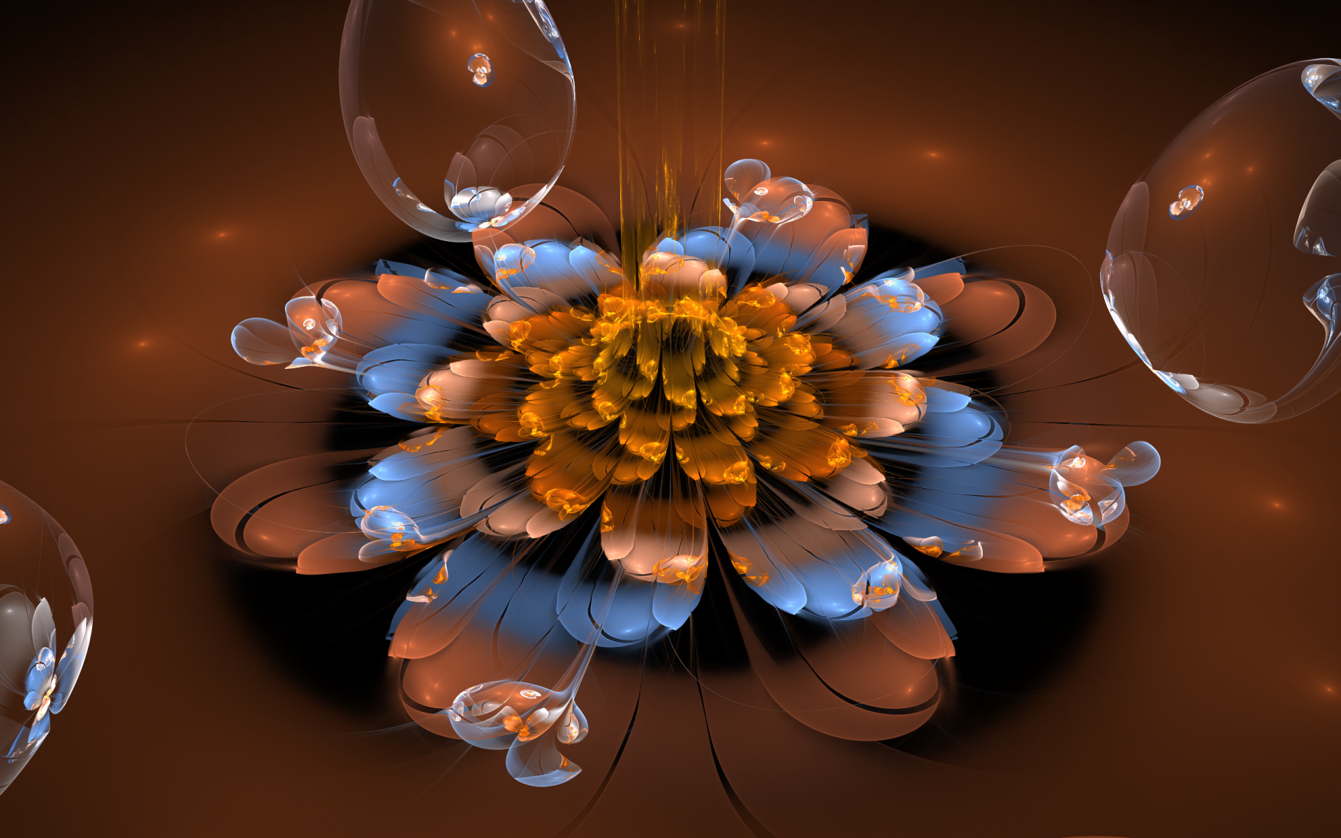 A vibrant fractal flower with glowing orange and blue petals, surrounded by translucent bubbles, designed as an HD artistic PC desktop wallpaper background.