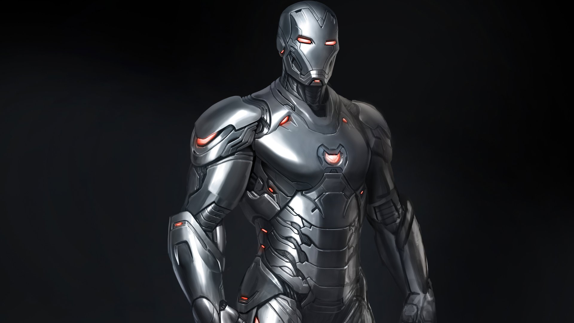 Comic-style Iron Man in sleek, futuristic armor with glowing red accents, presented as a 4K Ultra HD PC desktop wallpaper and background.