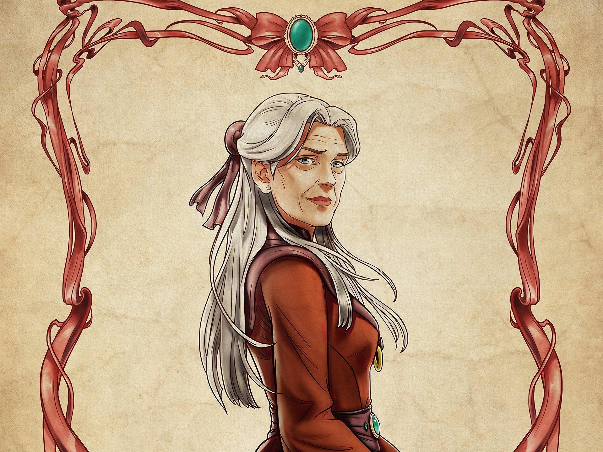 HD PC desktop wallpaper featuring an illustrated character from the movie The Witcher: Nightmare of the Wolf, framed by decorative red floral elements.