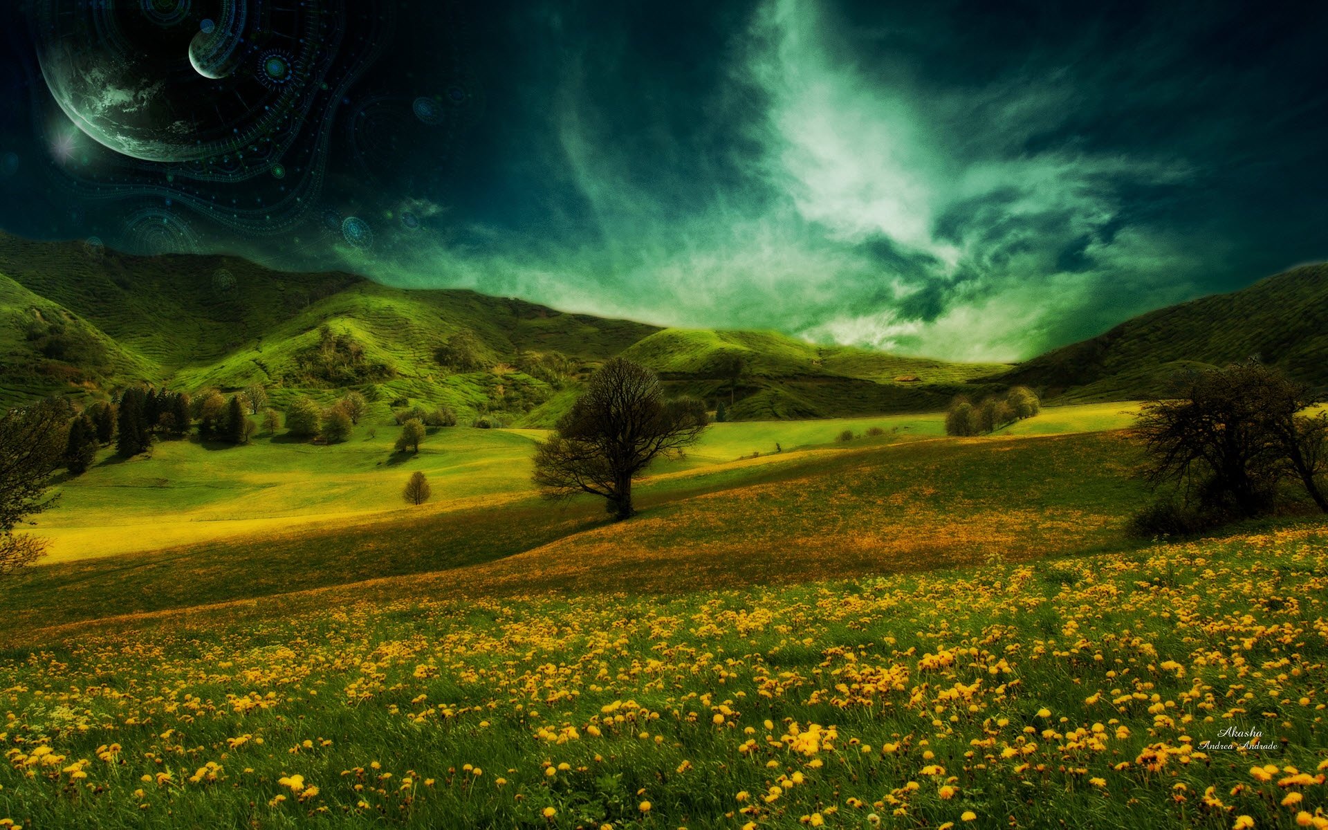 HD desktop wallpaper featuring a breathtaking Sci-Fi landscape with lush green rolling hills, scattered trees, and a dramatic, otherworldly sky with cosmic elements.