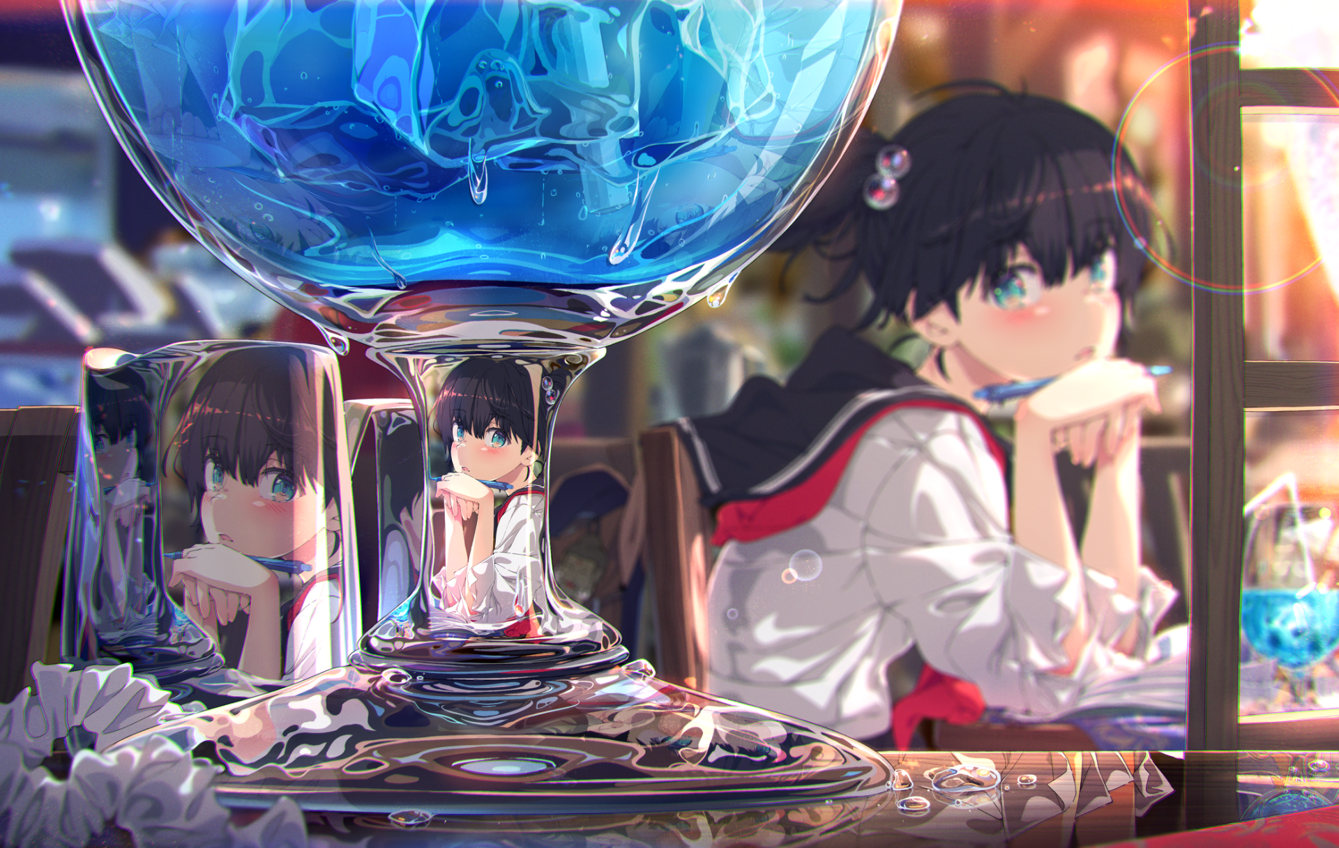 HD anime wallpaper featuring a school uniform girl with glasses and striking blue eyes, reflected in a large glass filled with blue liquid.