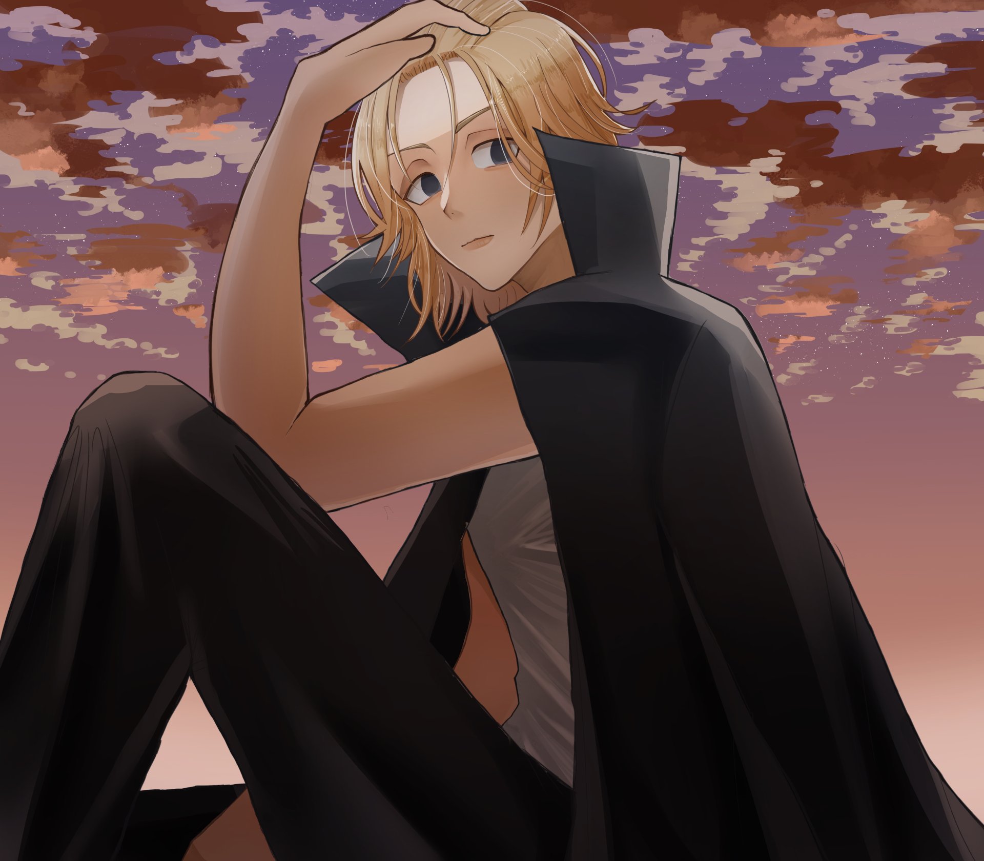 Mikey Manjiro Sano from Tokyo Revengers is depicted in an 8K Ultra HD anime wallpaper with a sunset sky background.