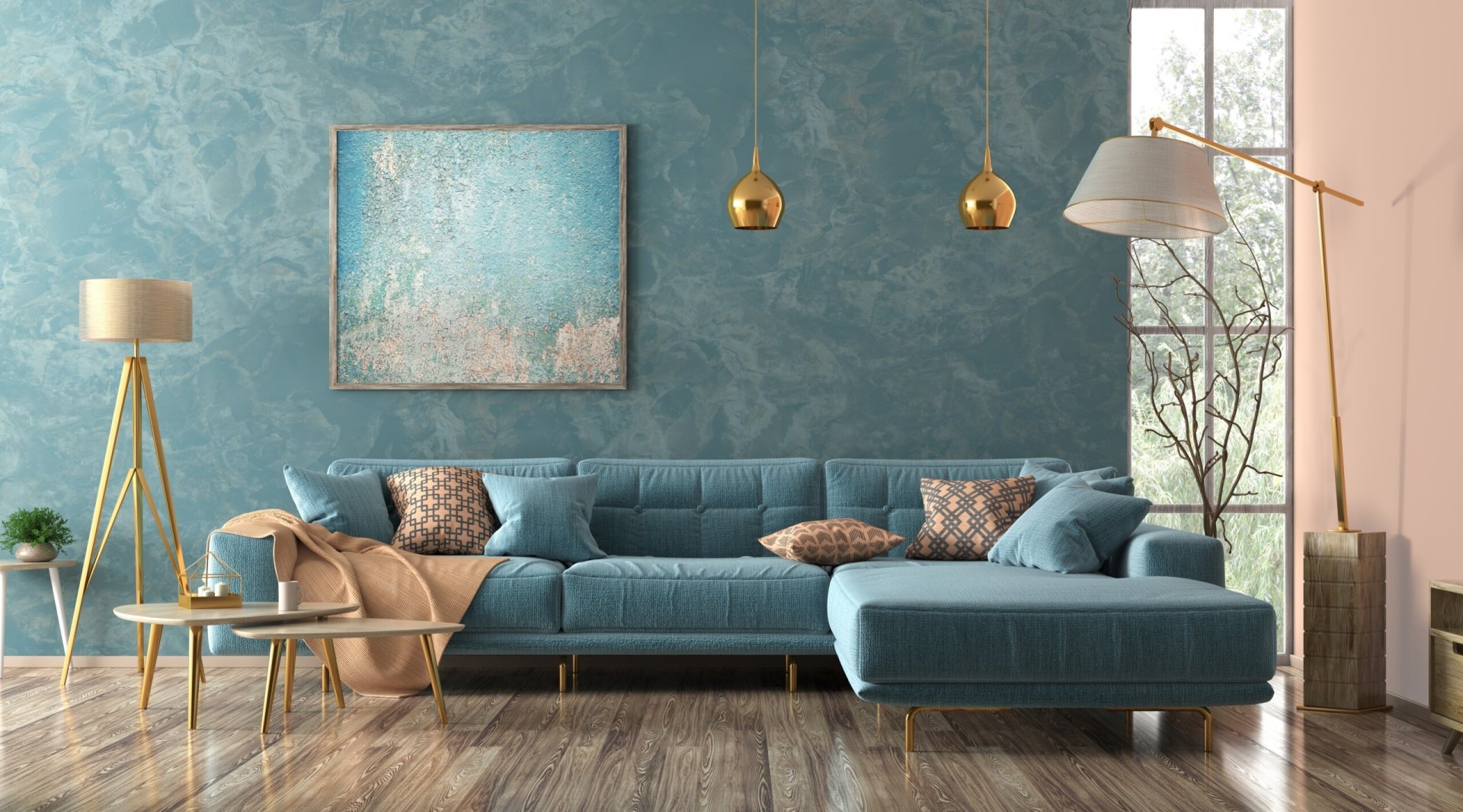 HD desktop wallpaper of a modern living room featuring a stylish man-made blue sofa, decorative pillows, pendant lights, and contemporary furniture against a textured wall.