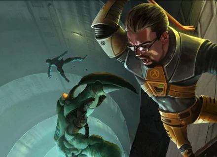 HD desktop wallpaper featuring Gordon Freeman in action from the video game Half-Life, battling an alien creature in a dynamic and intense scene.