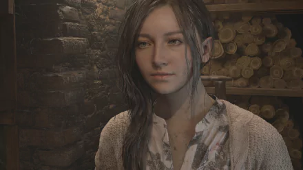 Mia Winters from Resident Evil Village, close-up portrait in a dim cellar with soft lighting and a worn sweater — 4K Ultra HD PC desktop wallpaper background.