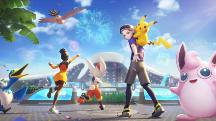 HD PC desktop wallpaper featuring Pokémon Unite characters Pikachu, Wigglytuff, Cinderace, Cramorant, and Talonflame celebrating with fireworks in the background.