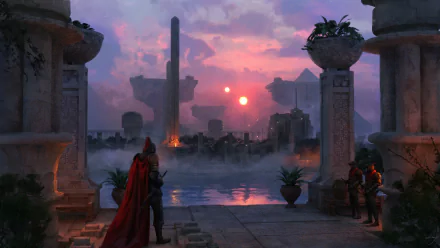 HD PC desktop wallpaper — fantasy landscape: robed figures on a stone terrace gaze over a misty harbor at sunset, with distant spires, fires and floating rock islands.