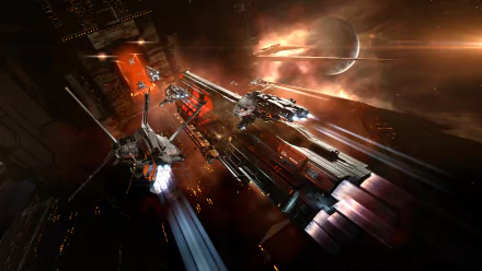 HD EVE Online game wallpaper featuring dynamic spaceship combat with a stunning cosmic backdrop for desktop backgrounds.
