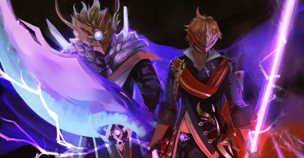 HD PC desktop wallpaper featuring Tartaglia Childe from the video game Genshin Impact, showcasing his character with vivid purple and blue elemental effects.