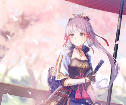 HD PC desktop wallpaper of Kamisato Ayaka, a woman warrior from the video game Genshin Impact, depicted with soft cherry blossoms in the background.