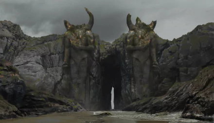 4K Ultra HD PC wallpaper from the video game New World, featuring two massive horned statues guarding a rocky mountain entrance under a cloudy sky.