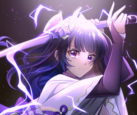 HD PC wallpaper of Baal (Raiden Shogun) from the video game Genshin Impact — purple-eyed, lightning-wreathed warrior in white-purple garb against a dark, glowing electro backdrop.