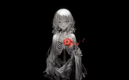 HD desktop wallpaper featuring a dark-themed woman with exposed skeleton and glowing red flowers over her chest against a black background.