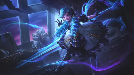 HD PC desktop wallpaper featuring Gwen from the video game League of Legends, surrounded by glowing blue ribbons in a dark, mystical setting.