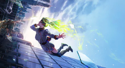 Anime HD desktop wallpaper featuring Moe Kamiji from My Hero Academia, showcasing dynamic energy effects and a futuristic cityscape in the background.