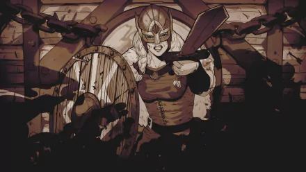 A dynamic HD wallpaper from Tribes of Midgard featuring a fierce warrior wielding a weapon, ready for battle with a shield, set against a backdrop of chains and dark textures.