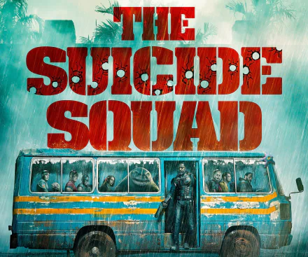 HD PC desktop wallpaper and background for the movie The Suicide Squad: bold red title over a rain-soaked battered bus with squad members visible and a lone figure at the open door.