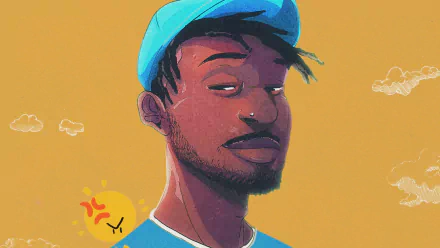 Illustration of a man with a blue hat and a warm background, available for HD desktop wallpaper and background, inspired by the art style associated with Isaiah Rashad.