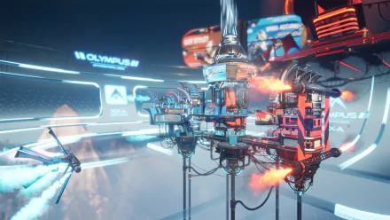 A high-definition desktop wallpaper featuring a futuristic scene from the video game Splitgate, showcasing advanced technology and vibrant colors in a dynamic gaming environment.