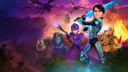 HD PC desktop wallpaper/background from the movie Trollhunters: Rise of the Titans — armored teen heroes and magical allies stand ready beneath a glowing purple sky with flying dragons over a shadowed forest.