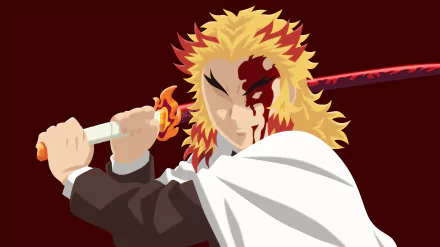 Minimalist 4K Ultra HD desktop wallpaper of Kyojuro Rengoku (Demon Slayer: Mugen Train) — stylized anime portrait with flaming hair, blood-streaked face and drawn katana on dark red background.