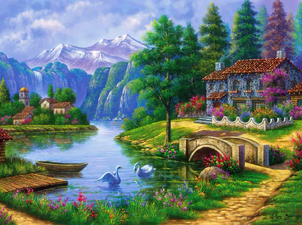 Artistic 4K Ultra HD desktop wallpaper depicting a serene lake scene with swans, a stone bridge, vibrant flowers, lush greenery, and snow-capped mountains in the background.