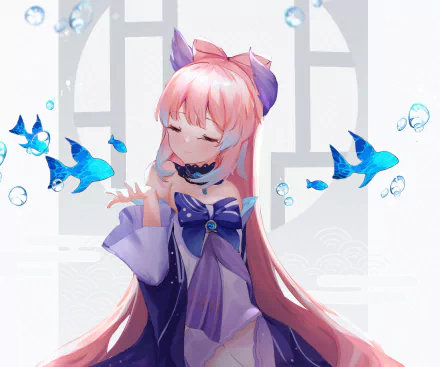 A vibrant HD wallpaper featuring Sangonomiya Kokomi from the video game Genshin Impact, surrounded by graceful blue fish and bubbles, set against a serene background.