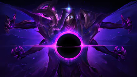 Jhin (League of Legends) — cosmic purple portrait of a masked figure centered on a void-black core; video game art in 4K Ultra HD PC desktop wallpaper/background.