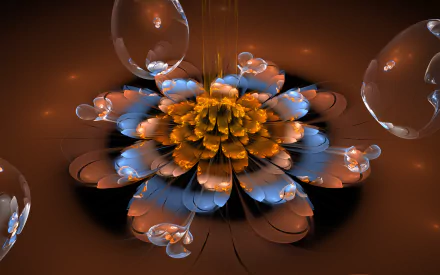A vibrant fractal flower with glowing orange and blue petals, surrounded by translucent bubbles, designed as an HD artistic PC desktop wallpaper background.